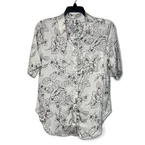 Chico's White & Black Floral Button Up Blouse, Satin Feel, Size 2 - US 12/14